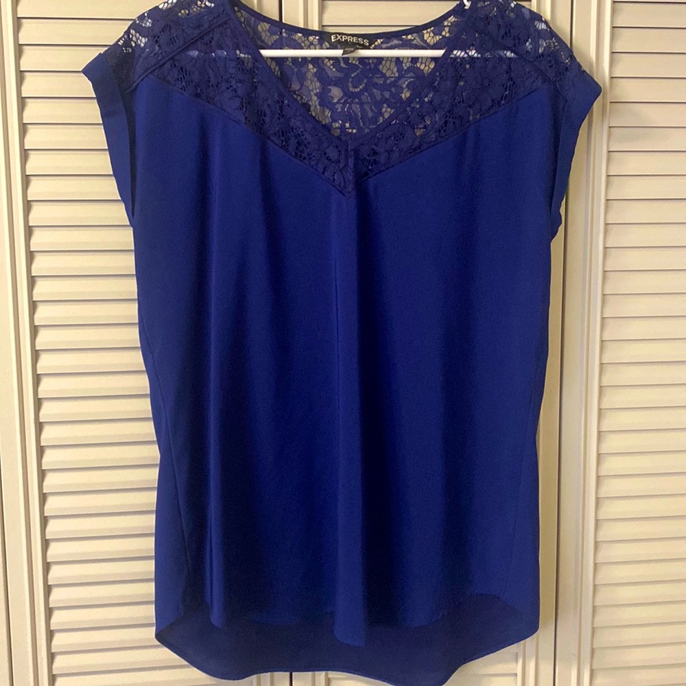 Beautiful royal blue satin blouse with lace detail